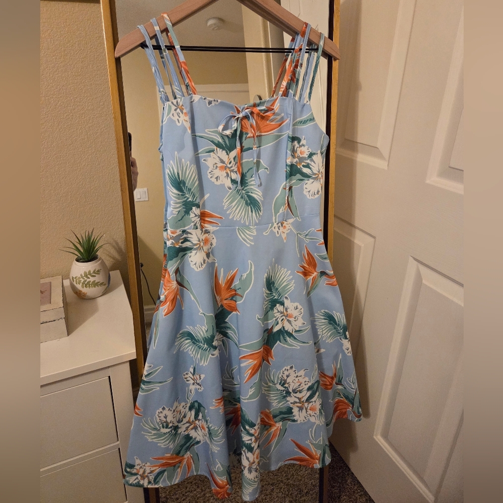 Sky Blue Summer Hawaiian Floral Print Dress Size M